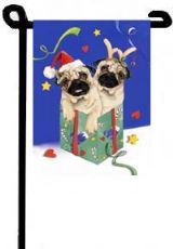 Pug dogs on a Christmas holiday flag. pug-dog-house-flag-christmas.jpg