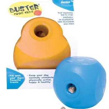 What better way to keep your dog mentally stimulated, physically active, happy, and healthy than with a Buster Cube dog toy that dispenses treats?