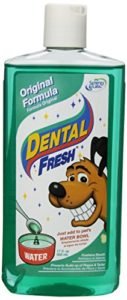 Dental Fresh is a dog mouthwash that you add to your dog's water. It helps eliminate plaque, tartar, and dog bad breath!