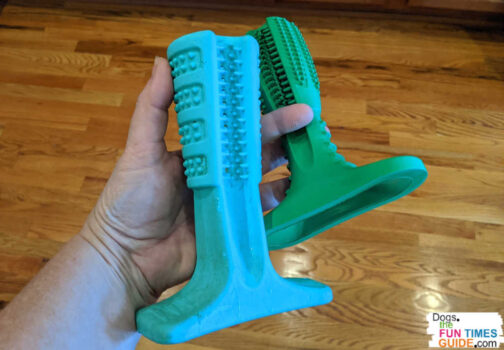 The blue one is the Bristly dog toothbrush toy that I love. The green on is a knock-off that doesn't work as well.