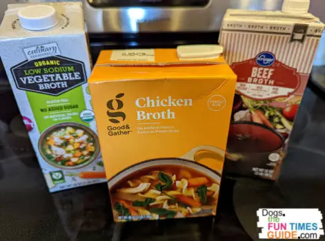 Chicken broth is a great liquid that's tasty to dogs and can be used in any bland diet for dogs recipe. (You could also use beef broth or vegetable broth, ideally low-sodium.)
