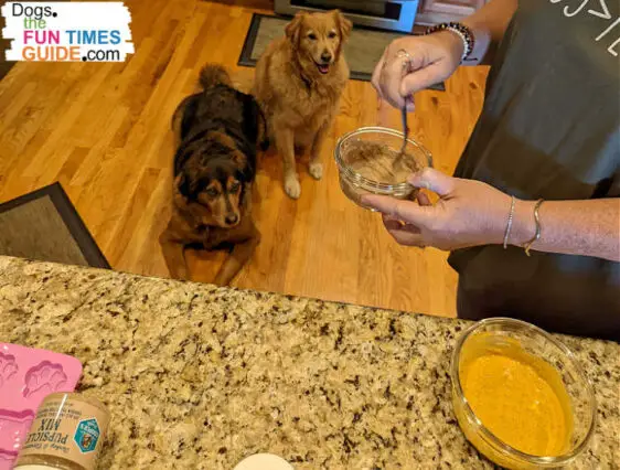 After you combine Cooper's Treats dog treat mix in a jar with water, you mix it up. Then, either bake it or freeze it into individual bite-sized dog treats!