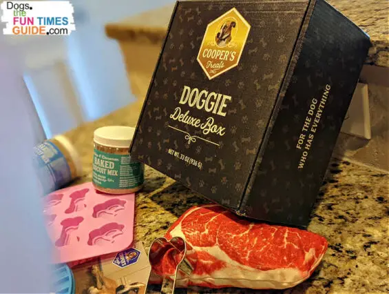 A close-up of what's inside the Doggie Deluxe Box from Cooper's Treats. (Hint: lots of different DIY dog treat mixes!)