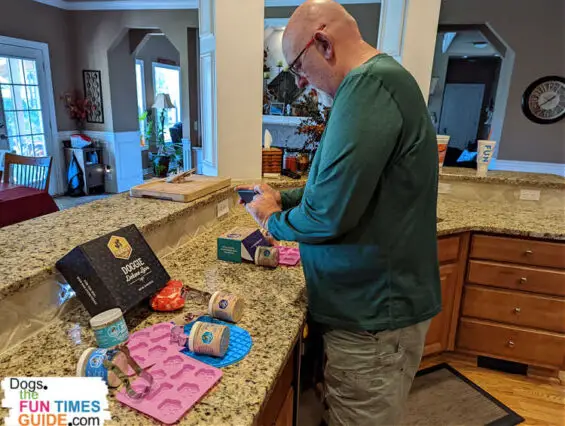 Making DIY dog treats using the Cooper's Treats sampler kits is SO easy! Even my husband wanted to get in on the fun.