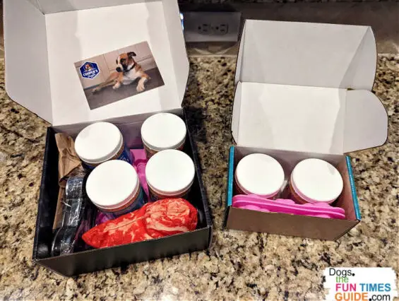 A look inside the Cooper's Dog Treats sampler packs. On the left is the Doggie Deluxe Box with 2 types of dog treat mixes: baked and frozen. On the right is the Pupsicle Starter Kit with 2 different flavors of frozen dog treat mixes inside. (Each jar makes 2 dozen dog treats!)