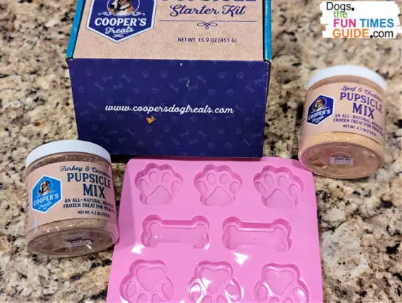 This is what's included in the Cooper's Treats Pupsicle Starter Kit: 2 jars of Pupsicle Mix for making DIY frozen treats for dogs.(Just add water!) Plus, 1 really cute silicone mold to make individual Pupsicles for dogs.