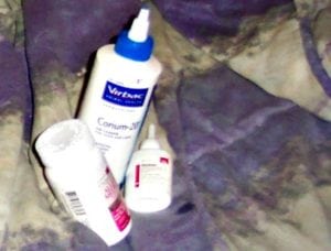 corium20-benadryl-otomax- Pictured from left to right: Benadryl, Corium20, Otomax dog ear treatment.