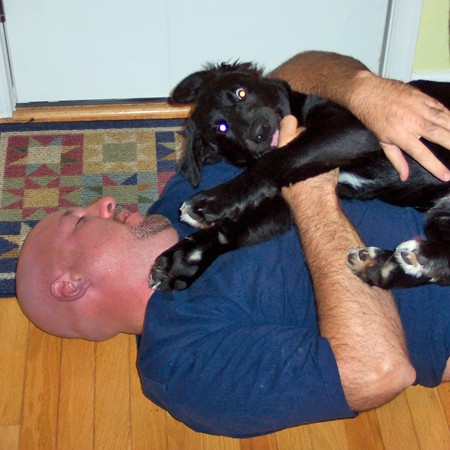 Destin and Jim playing in the kitchen.