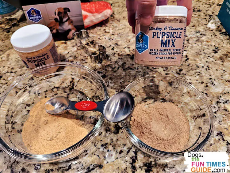To make 1 batch of Cooper's Treats frozen healthy dog treats, you combine 5 tablespoons of the Pupsicle Mix with 1 tablespoon of water. That's it!