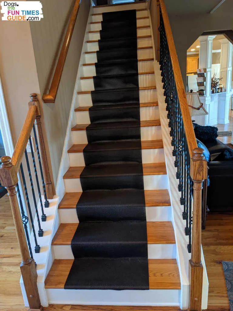See how I used shelf liner as a DIY stair runner so my dog could go up and down the steps freely again.