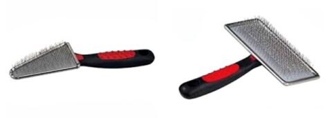 A flat slicker brush and a triangle slicker brush for dogs from Paw Brothers