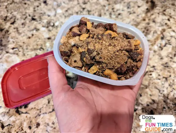 This is how I keep all of the crumbs found at the bottom of dog treat bags and boxes. Then, whenever I want to make homemade dog treats, I just blend the crumbs into a fine powder, add water, and freeze (for DIY Pupsicles) or bake (for fresh-baked dog treats).