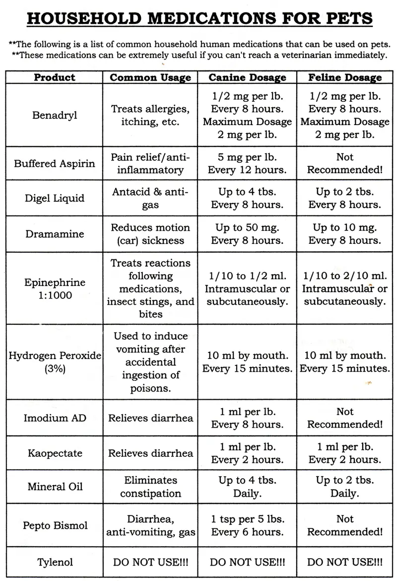 Household Medications For Pets Chart