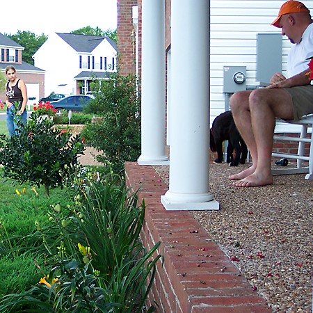 Jim is watching Destin - who wants to jump off the porch.