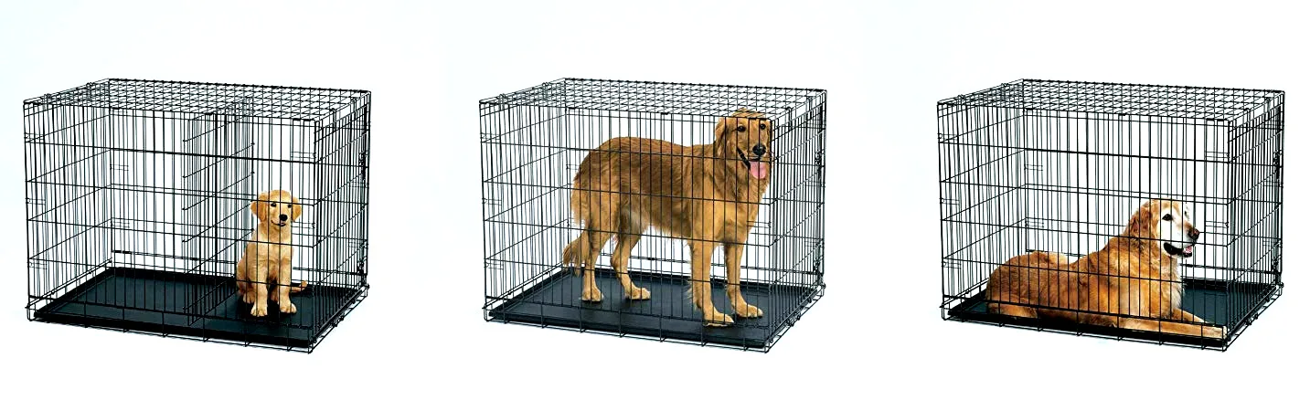 This heavy-duty Midwest dog crate grows with your dog and lasts forever -- thanks to the removable metal wall divider and floor pan liner! 