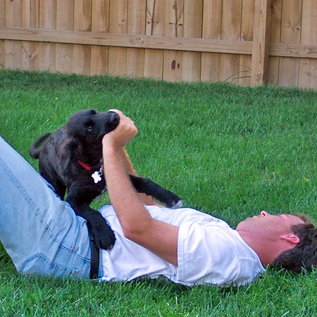 Destin playing rough with Mike in the backyard.