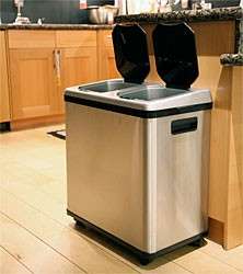 A stainless steel touchless garbage can with 2 bins -- perfect for recycling!