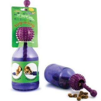 The Tug-A-Jug dog toy has multi-sensory appeal -- because dogs can see the treats and smell the treats, while hearing them rattle inside the jug at the same time!