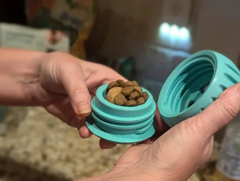 Here, I've combined a handful of my dog's regular kibble with a WOOF refill pop. photo by Lynnette at TheFunTimesGuide.com Here, I've combined a handful of my dog's regular kibble with a WOOF refill pop.