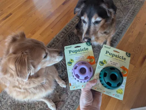 We have lots of WOOF Pupsicles in the LARGE size AND in the XLARGE size. Find out which size we like best - and why. photo by Lynnette at TheFunTimesGuide.com We have lots of WOOF Pupsicles in the LARGE size AND in the XLARGE size. Find out which size we like best - and why.