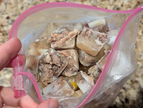 These are some frozen broth dog treats (with liver pieces in them). photo by Lynnette at TheFunTimesGuide.com These are some frozen broth dog treats (with liver pieces in them).